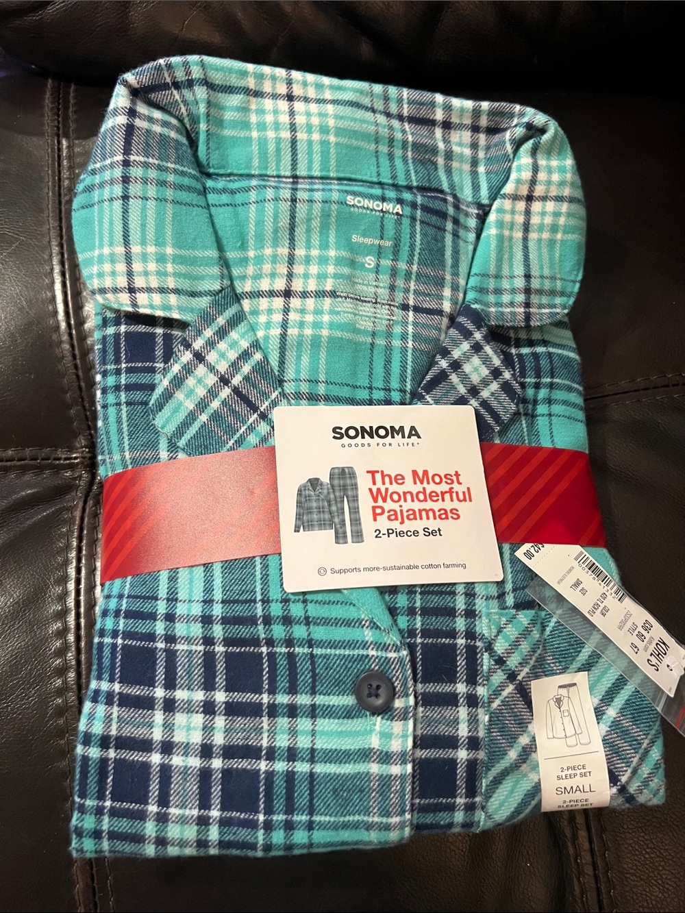 SONOMA Women Aqua & Navy Plaid Two-Piece Pajama Set small size